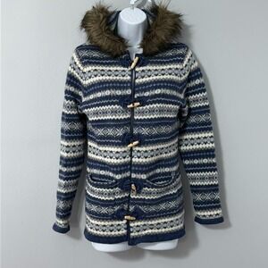 Neve Designs Wool Sweater Women Medium Blue Fair Isle Cardigan Hooded Toggle VTG